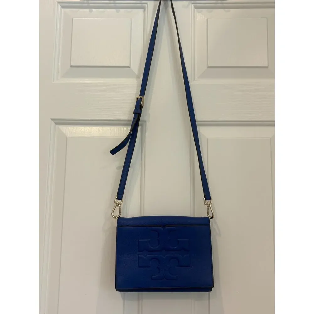 Tory Burch Bombe T Combo Crossbody Bag Royal Blue Pebbled Leather Clutch Flap